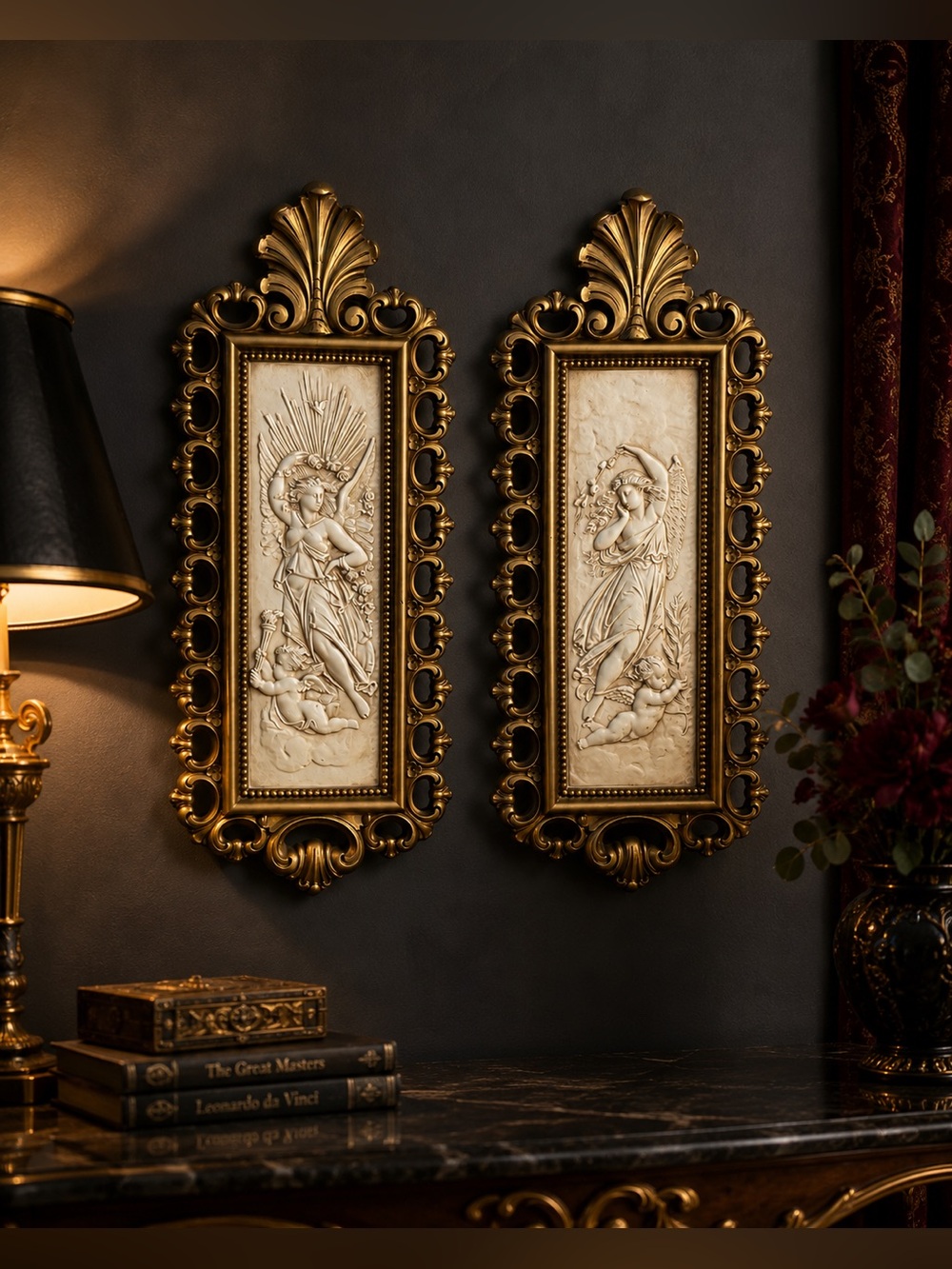 Vintage 1976 Homco Dart Ind. Angel Wall Plaques Set of 2 Gold Frame Relief
